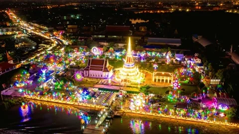 Illuminated Temple Complex Night Aerial View Stock Footage 311101583