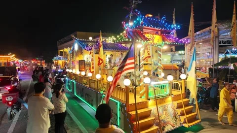Illuminated Temple Float Parade During Nine Emperor Gods Festival Stock Footage 347894641