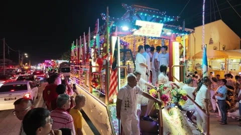 Illuminated Temple Float Parade During Nine Emperor Gods Festival at Night Stock Footage 347894841