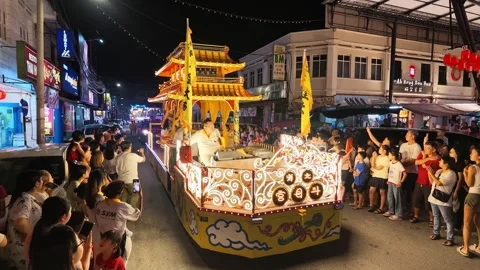 Illuminated Temple Float Parade During nine emperor gods festival Stock Footage 347896267