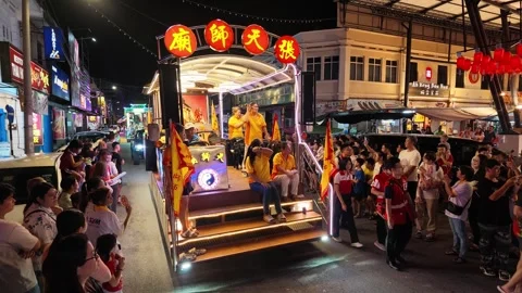 Illuminated Temple Float Parade During Nine Emperor Gods Festival Stock Footage 347896311