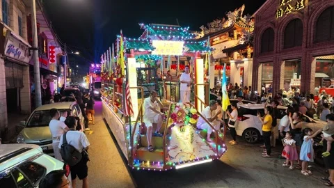 Illuminated Temple Float Parade During Nine Emperor Gods Festival Stock Footage 347896414