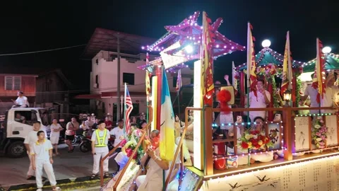 Illuminated Temple Float Parade During nine emperor gods festival Vídeo Stock 347898734