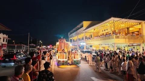 Illuminated Temple Float Parade at nine emperor gods festival Stock Footage 347894281