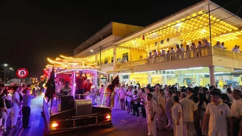 Illuminated Temple Float Procession During Nine Emperor Gods Festival Stock Footage 347895089