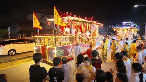 Illuminated Temple Float Procession During Nine Emperor Gods Festival Stock Footage 347895162