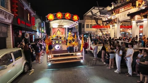 Illuminated Temple Float Procession During Nine Emperor Gods Festival Stock Footage 347896377