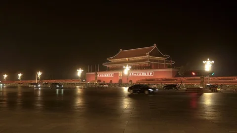 Illuminated Tiananmen Square at night in Beijing, China Stock Footage