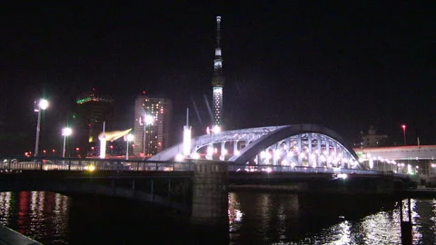 Illuminated Tokyo Skytree and Sumida River Stock Footage 330760415