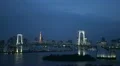 Illuminated Tokyo Tower Bay Skyline, Rainbow Bridge night Aerial View time lapse HD Footage