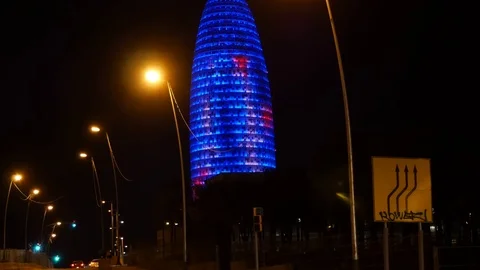 Illuminated Torre Glories Also Known As Agbar Tower In Barcelona, Spain Stock Footage 83814253