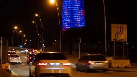 Illuminated Torre Glories Also Known As Agbar Tower In Barcelona, Spain Stock Footage 83814261