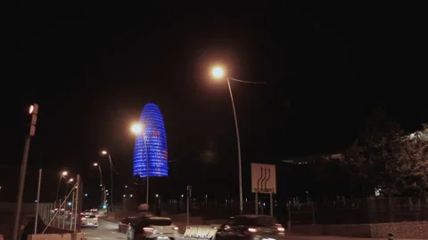 Illuminated Torre Glories Also Known As Agbar Tower In Barcelona, Spain Stock Footage 145332940