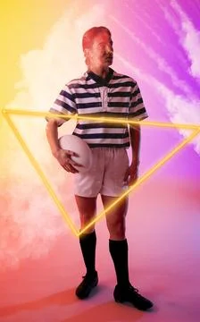 Illuminated triangle and smoke over thoughtful caucasian female player standing Foto stock