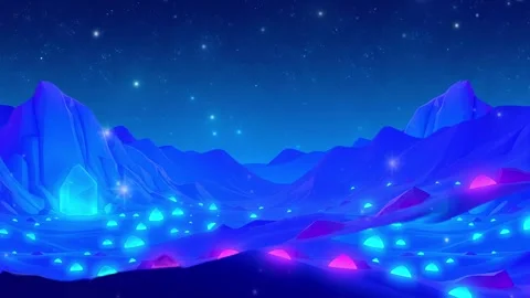 Illuminated Valley: A Low-Poly Landscape with Geometric Mountains and Glowing S Stock Footage 317968277