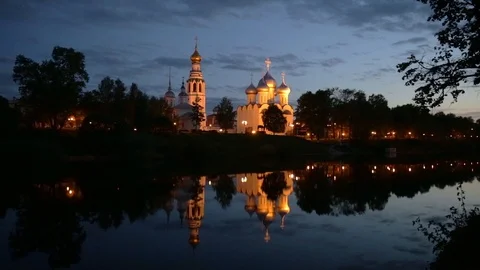 Illuminated Vologda Kremlin with reflection at night Stock Footage 120391674