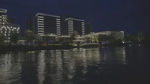 Illuminated Waterfront Architecture Reflected on Ganjiang River Stock-Footage 343553662