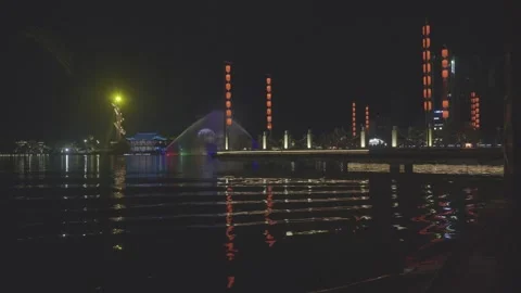 Illuminated Waterfront Architecture Reflected on Ganjiang River Stock-Footage 343592637