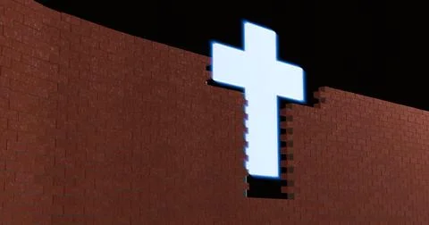 Illuminated white cross breaking through a tall brick wall on dark backgrou.. Stock Illustration