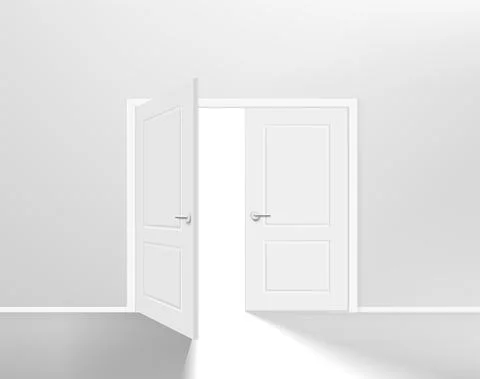 Illuminated white interior with opened door and shining. 3d vector illustrati Stock-Illustration