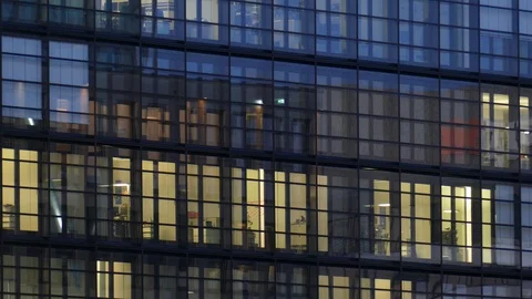 Illuminated window front, office building, berseestadt, Bremen, Germany Stock Footage 123050053