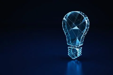 Illuminated wireframe of a bulb light on dark blue background. 3D Rendering Stock-Illustration
