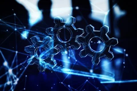 Illuminated wireframe of three gears on dark blue background. 3D Rendering Ilustração Stock