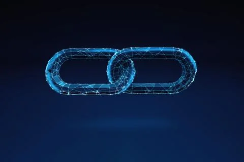 Illuminated wireframe of two chain pieces on dark blue background. 3D Rendering Stock Illustration