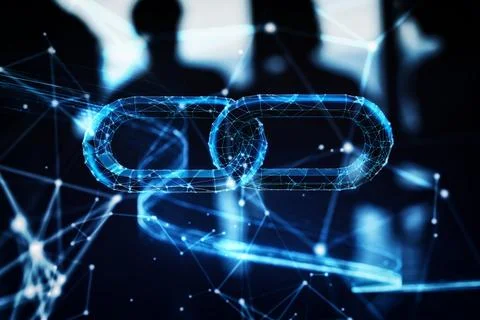 Illuminated wireframe of two chain pieces on dark blue background. 3D Rendering Stock Illustration