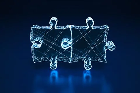 Illuminated wireframe of two connected puzzle pieces on dark blue background. 3D 库存插图