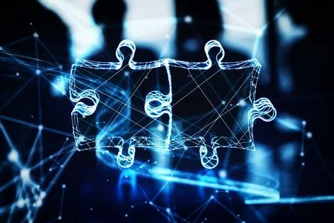 Illuminated wireframe of two connected puzzle pieces on dark blue background. 3D Stock Illustration