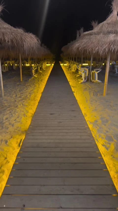 Illuminated Wooden Path on Beach at Night in Golem Albania Vidéo 343392297