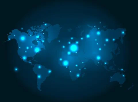 Illuminated World Map with Glowing Dots Vector Stock Illustration