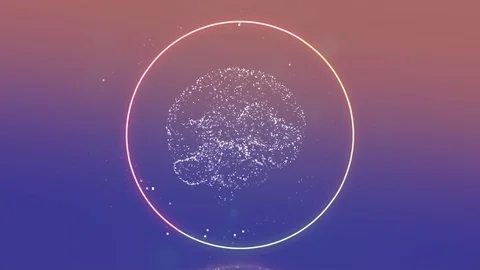 Illuminating abstract brain structure rotating inside light ring over pink-blue Stock Footage 125958045