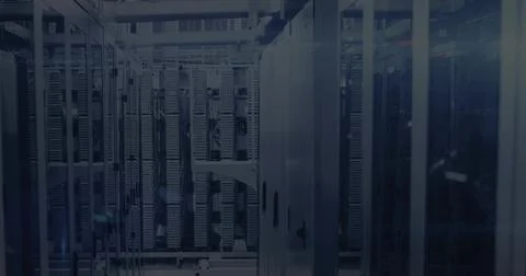 Illuminating central server racks humming in data center room, with cabling and Stock Illustration