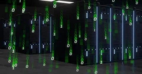 Illuminating central server racks streaming binary code in data center, with LED Stock Photos