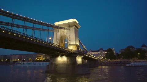 Illuminating Chain bridge at night - Budapest, Danube river, Hungary Stock Footage 67307264