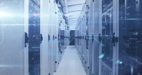 Illuminating data center aisle with server racks, network switches, cable trays, Stock Photos