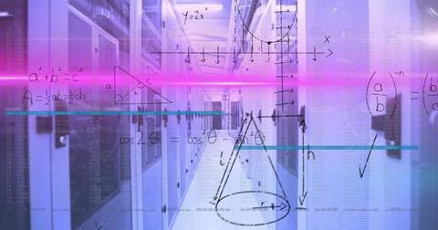 Illuminating data centre walkway, showing server racks with cable trays and Stock Photos