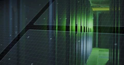 Illuminating green LED-lit server racks lining server room aisle, with grid Illustrazione stock