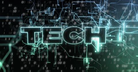 Illuminating neon text TECH featuring data-network, streaming binary code and Stock Illustration