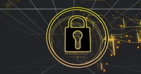 Illuminating padlock glowing inside concentric rings in cyber wireframe grid Stock Illustration