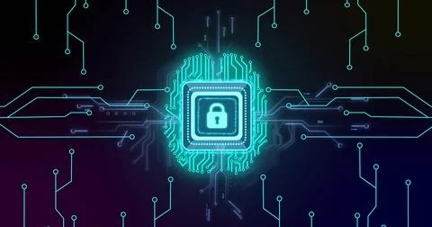 Illuminating padlock microchip square in virtual network, tracing neon circuits Stock Illustration