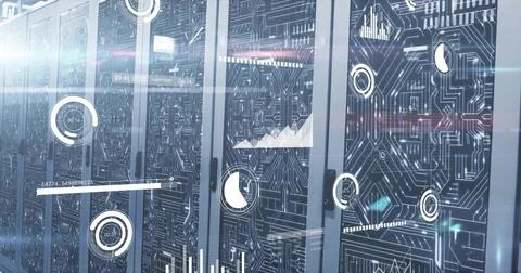 Illuminating row of server cabinets showing HUD graphics in data center, with Stock Photos