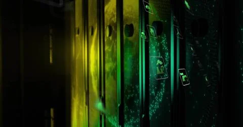Illuminating server cabinets glowing in data center aisle, with holographic Illustrazione stock