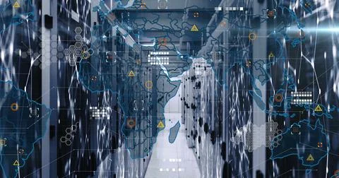 Illuminating server rack aisle in data center, flashing LED lights, network Stock Photos