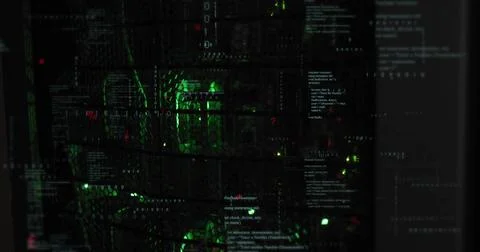 Illuminating server rack in data center, revealing LED indicators and floating Stock Illustration