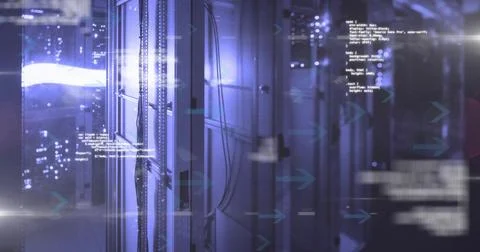 Illuminating server rack displaying Ethernet cables in data center, with LEDs Stock Photos