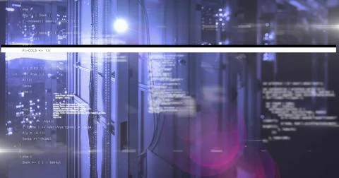 Illuminating server rack with network cables showing code overlay in data 写真素材