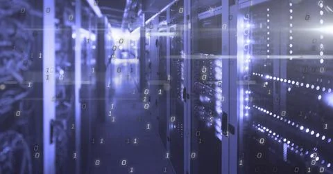Illuminating server rack showing blinking LEDs in data center aisle, with binary Foto stock